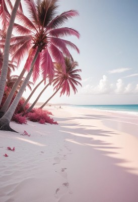 Beautiful beach with pink palm trees beside the ocean