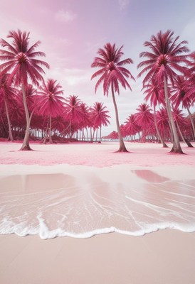 Pink palm trees lining a serene beach at sunset