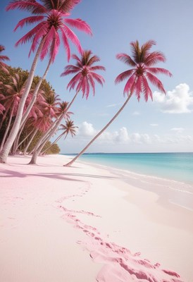 Tropical beach with pink sand and palm trees at sunset