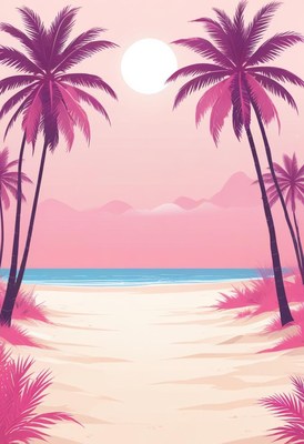 Tropical beach with palm trees and sunset sky