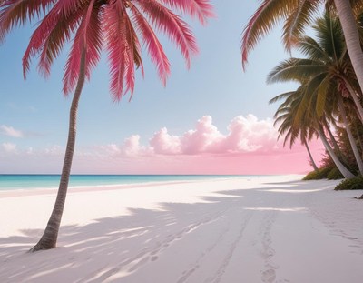 Serene beach with palm trees under a pink sky at sunset