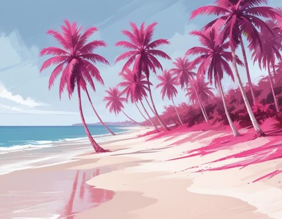 Pinky beach with palm trees under clear blue sky