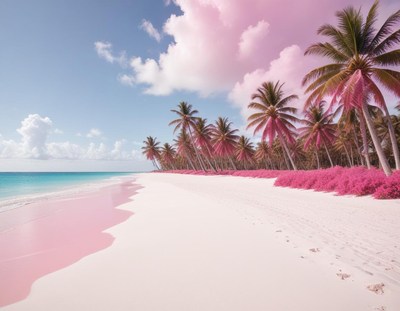Tropical beach with pink sand and palm trees at sunset