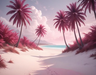 Tropical beach scene with pink palm trees and clear sky