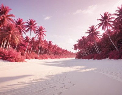Stunning pink-hued tropical landscape with palm trees