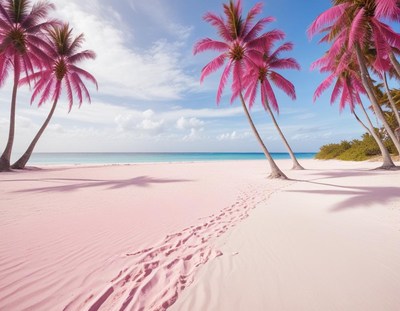 Pink sands and palm trees create a tropical paradise
