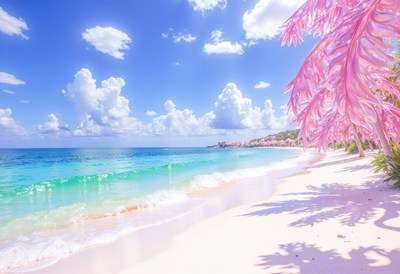 Tranquil beach with vibrant pink foliage and clear water
