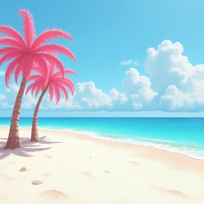 Vibrant beach with pink palm trees and blue ocean