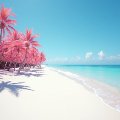 Tropical beach with pink palm trees and turquoise water