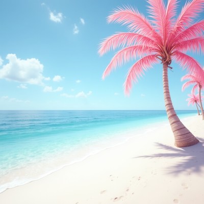Bright pink palm trees by the tranquil blue ocean shore