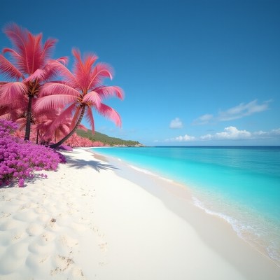Tropical beach with pink palms and turquoise water
