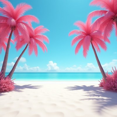Vibrant pink palms on a pristine tropical beach