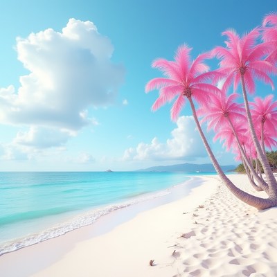 Pink palm trees by a tranquil beach under blue skies
