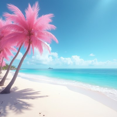 Tropical beach with pink palm trees under bright sky