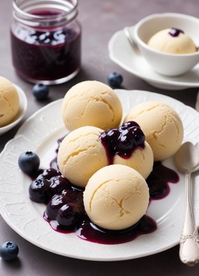 Delicious ice cream served with blueberry sauce
