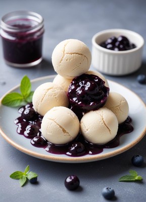 Ice cream served with blueberry sauce and fresh berries