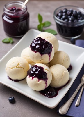Delicious ice cream served with berry sauce for dessert