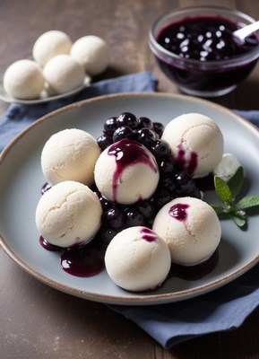 Delicious dessert with vanilla ice cream and berry sauce