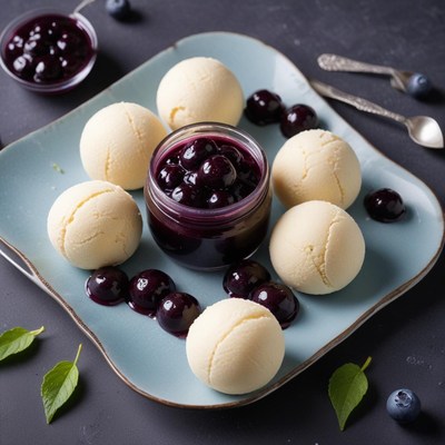 Delicious dessert platter with ice cream and blueberry sauce