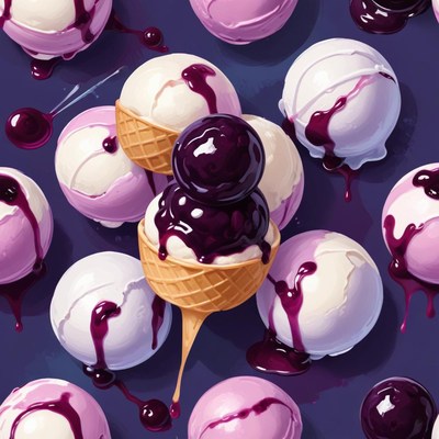 Colorful ice cream with berry syrup on dark background