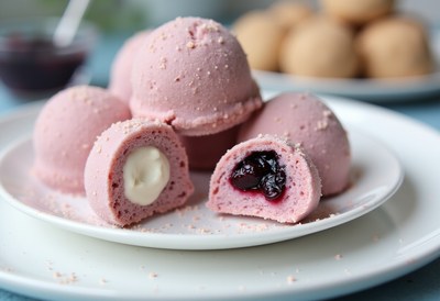 Delicious pink dessert with fruit filling and cream center