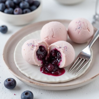 Delicious pink dessert with blueberry filling on a plate