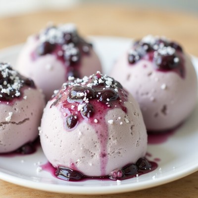 Tasty purple ice cream drizzled with berry sauce