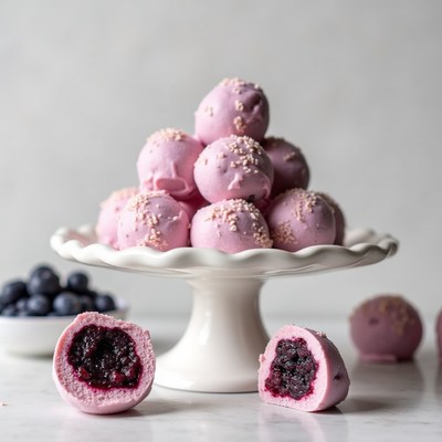 Delicious pink dessert balls with berry filling on display