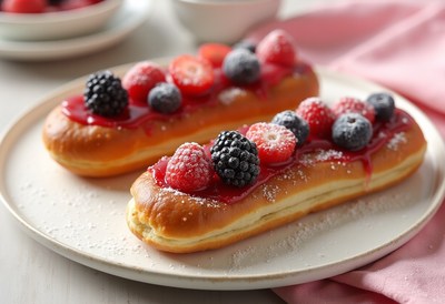 Delicious pastries topped with fresh berries and sauce