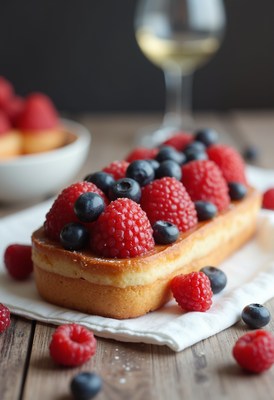 Delicious berry tart on wooden table with glass of wine