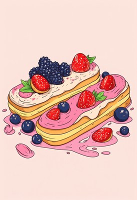 Colorful dessert with berries on a pink background
