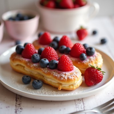 Fresh pastry topped with berries and powdered sugar