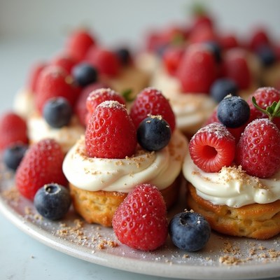 Fresh berry dessert topped with cream and crushed cookies