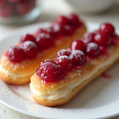 Delicious pastries topped with cherries and cream