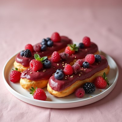 Delicious eclairs topped with berries on a plate