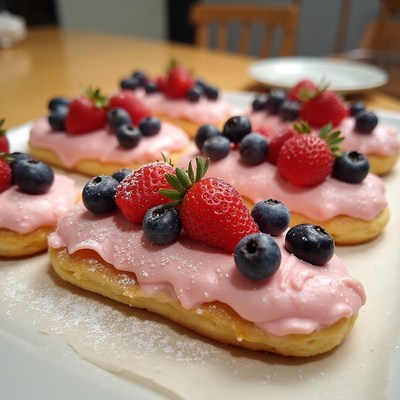 Delicious dessert topped with fresh fruit at home kitchen