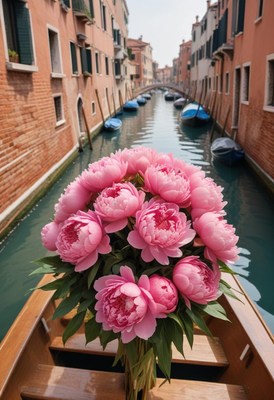 Pink peonies on a gondola in a venice canal