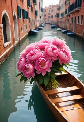 Flowers in a gondola on a tranquil venetian canal