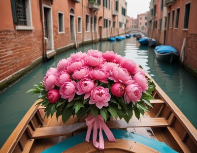 Bouquet of pink peonies on a gondola in venice canal