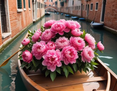 Pink peony bouquet in a venetian canal boat
