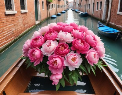 Beautiful boat with peonies in a venetian canal