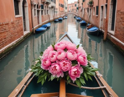 Blossoms in a venetian gondola on a tranquil canal