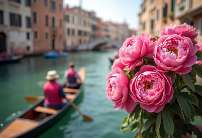 Colorful peonies bloom near a serene canal in venice
