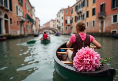 Rowing through serene canals with blooming flowers
