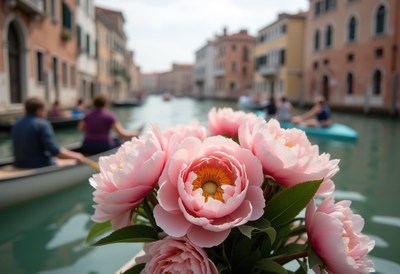 Boating through canals with flowers in venice