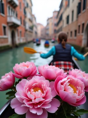 Paddling through a beautiful canal with flowers in venice
