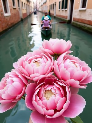Flowers held by a person with a gondola in venice