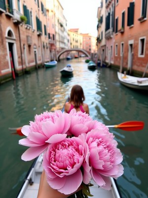 Woman paddling a boat with flowers in venice canal