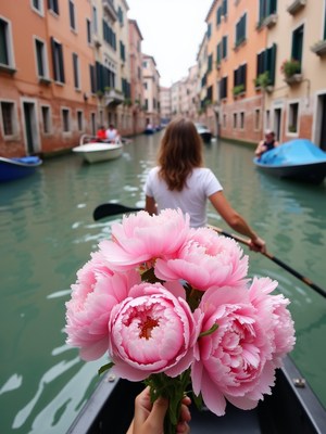 Enjoying a serene gondola ride with peonies in venice