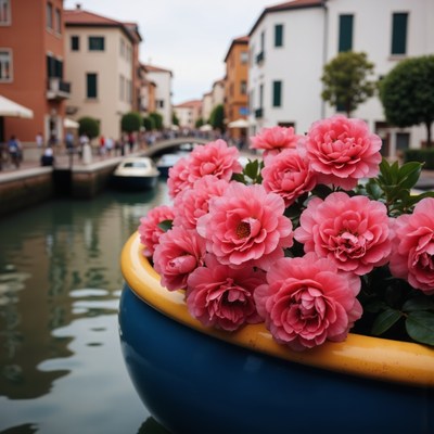 Beautiful pink flowers beside a quaint canal in italy